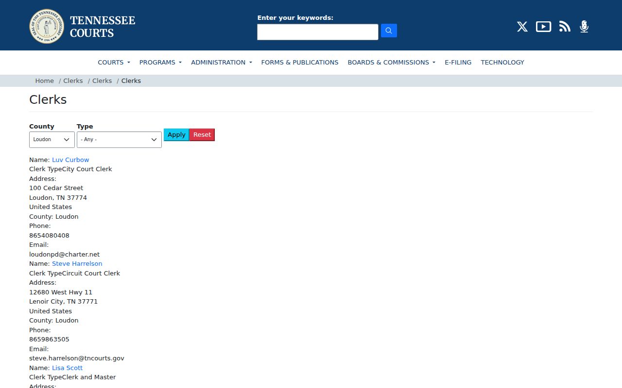 Loudon County warrant search, Tennessee court clerk directory