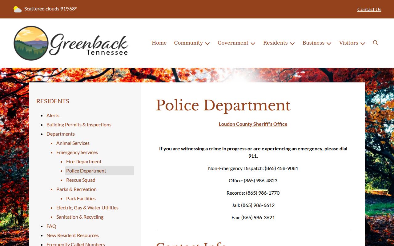 Greenback official police information page routing visitors to county law enforcement