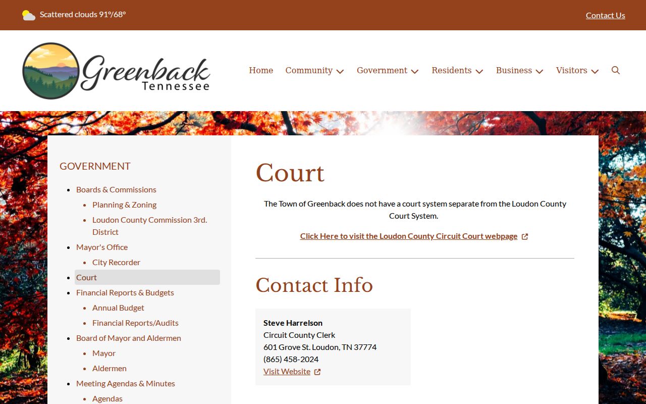 Greenback official court page referring residents to Loudon County court contacts