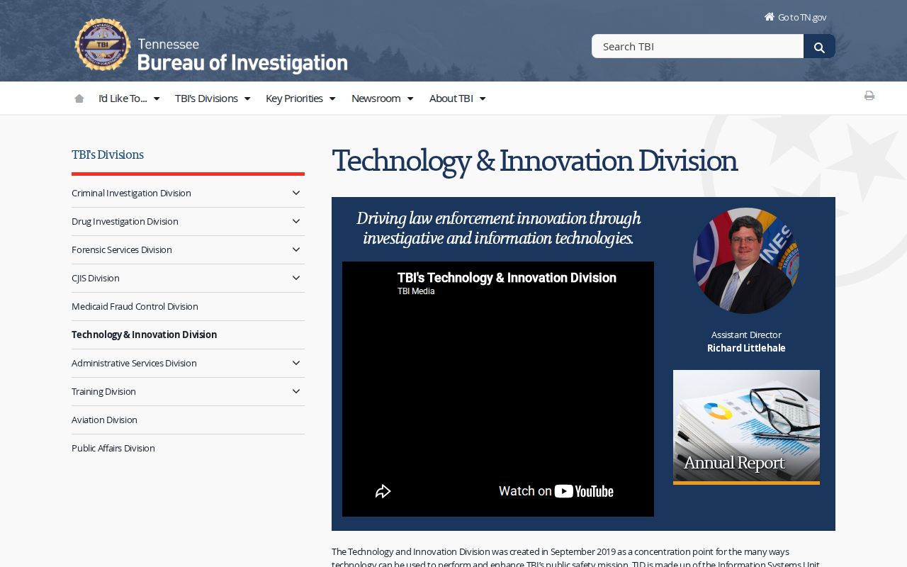 Tennessee Bureau of Investigation page describing criminal intelligence and fugitive-program support