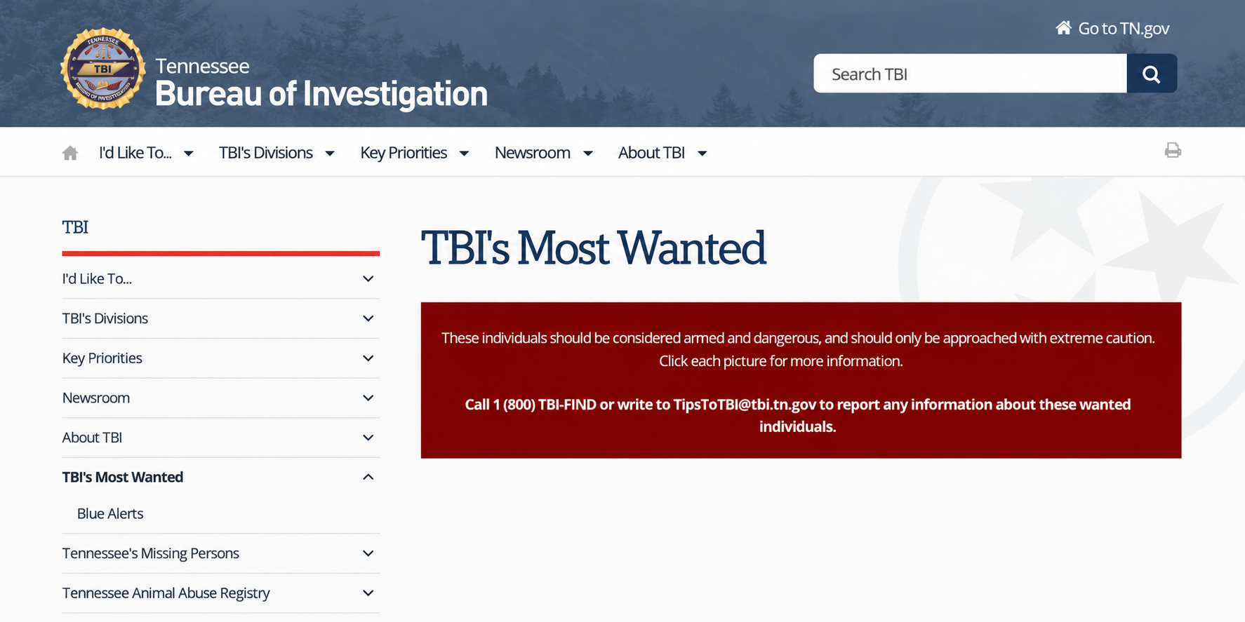 Tennessee Bureau of Investigation Most Wanted page header and tip information, with individual entries excluded